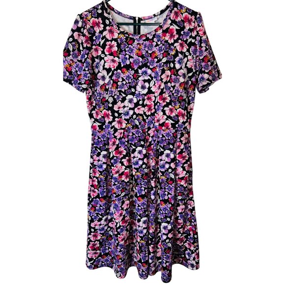 LuLaRoe Dresses & Skirts - LuLaRoe Floral Short-Sleeve Fit & Flare Dress Pink Purple Large